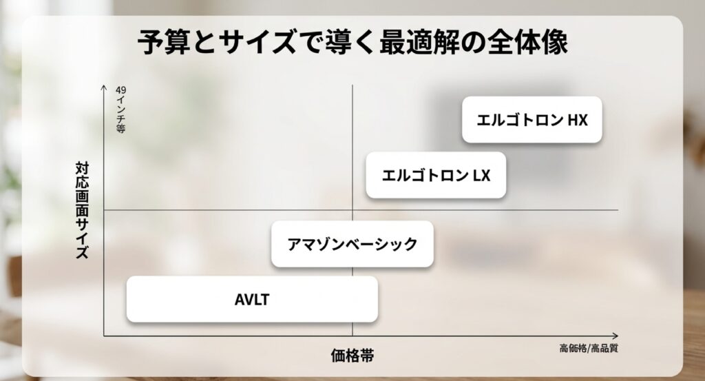 49インチ対応のエルゴトロンHXから、コスパの高いAmazonベーシックまで、価格帯と対応サイズを軸にした製品分布マップ。
