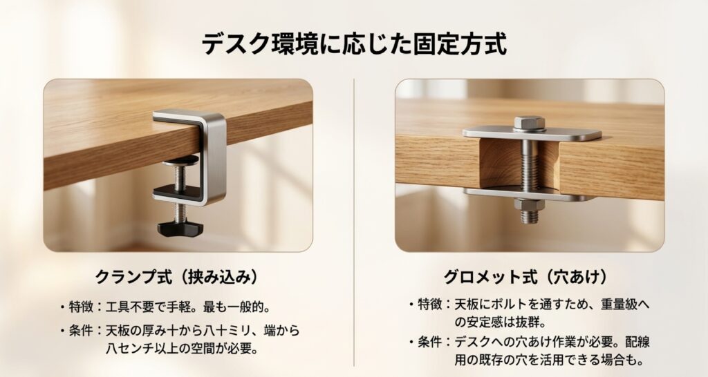 工具不要のクランプ式(天板厚10-80mm)と、安定感抜群の穴あけ固定グロメット式の外観と設置条件の比較写真。