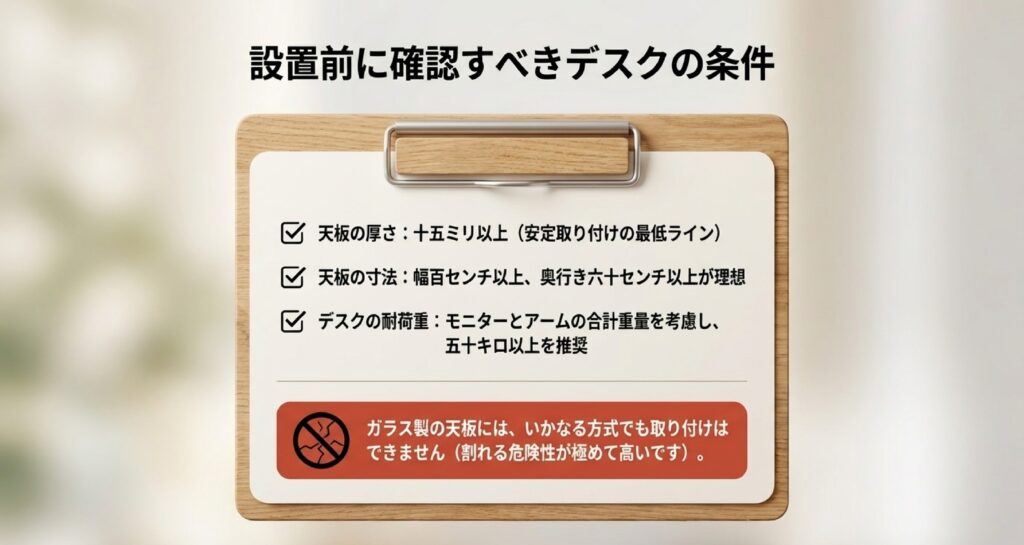 天板厚15mm以上、デスク耐荷重50kg以上を推奨するチェックリスト。ガラス天板への取り付け禁止(破損リスク)の警告。