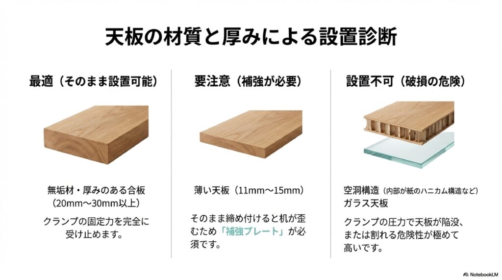 無垢材(20mm-30mm以上)は最適、薄い天板(11mm-15mm)は補強が必要、ガラスやハニカム構造は設置不可を示す比較図。