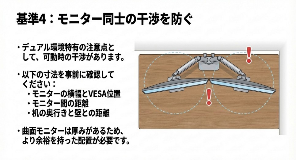 2枚のモニターを並べた際に画面同士がぶつからないよう可動域を確認する図解