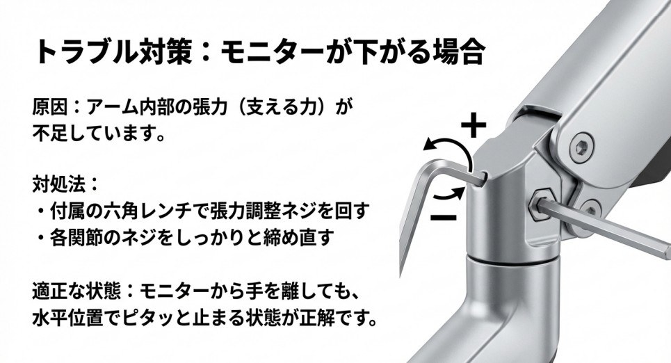 六角レンチを使用してアーム関節の張力(強さ)を調整する手順の解説