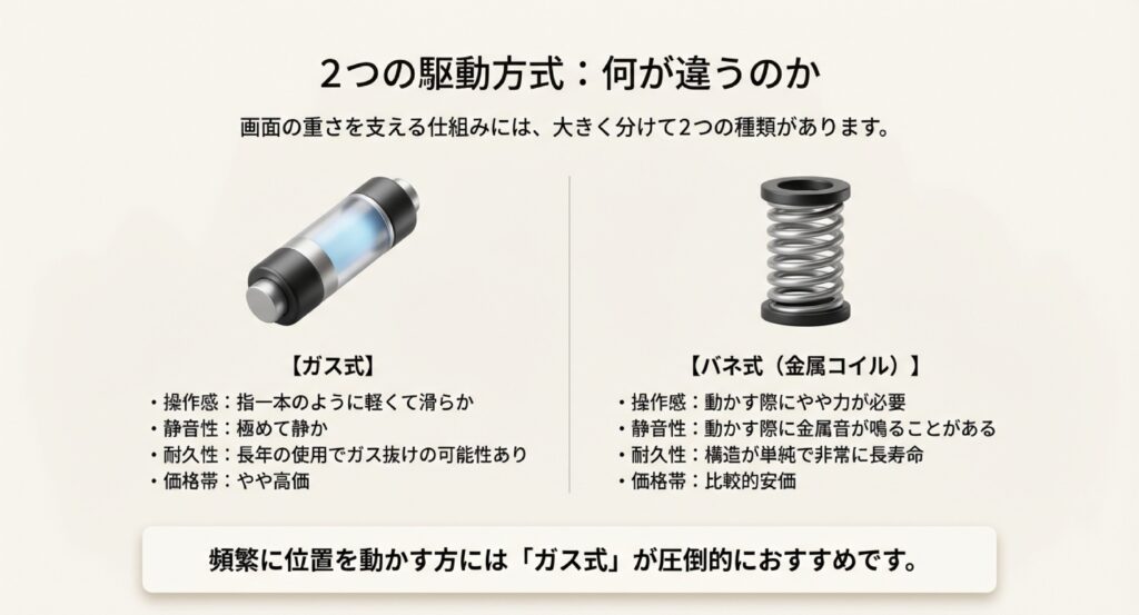 ガス式（シリンダー）とバネ式（金属コイル）の内部構造の比較図。操作感、静音性、耐久性、価格の比較表を含む。 +1
