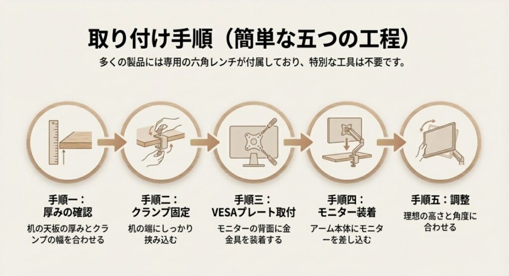 厚み確認からクランプ固定、VESA取付、モニター装着、調整までの5工程