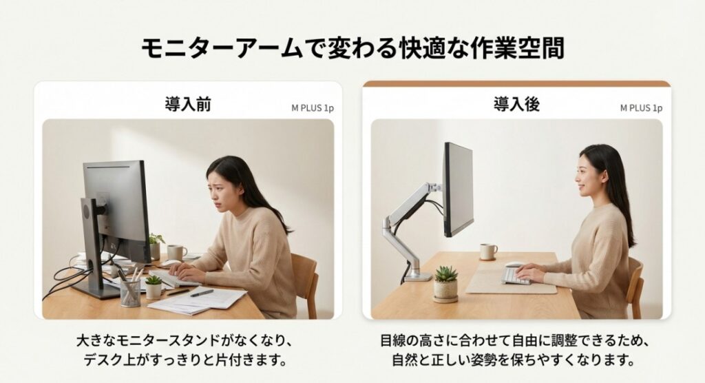 導入前後の比較。スタンドがなくなりデスクが片付き、目線が高くなった様子