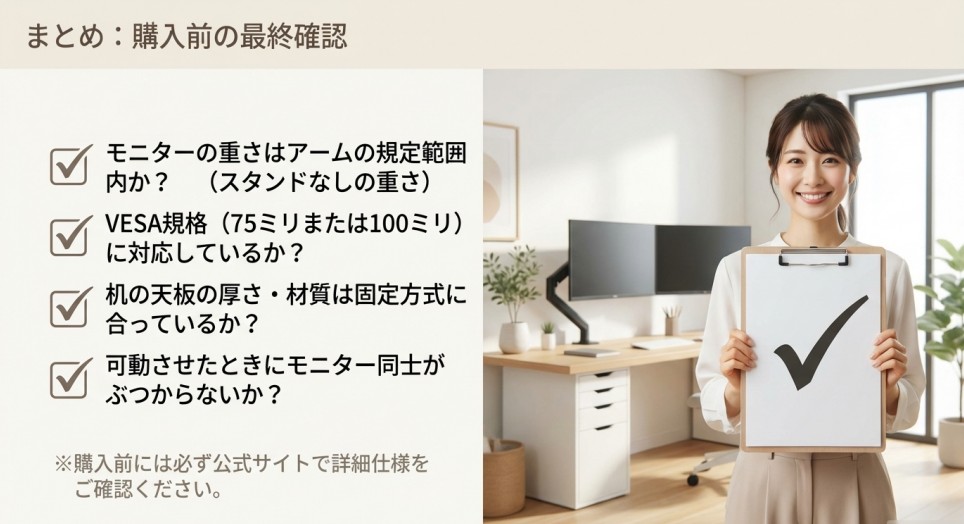 VESA、重量、天板厚、構造の各項目を網羅した最終確認用のリスト