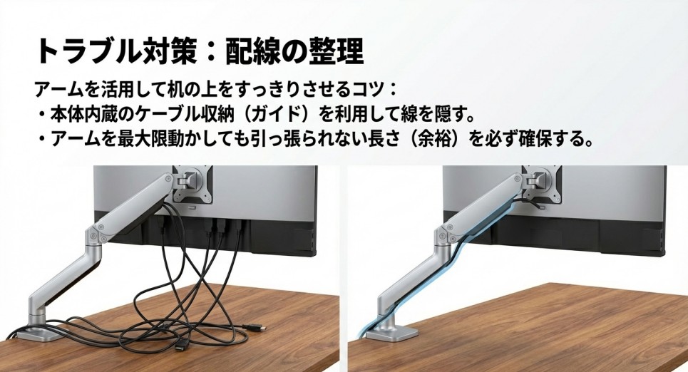 ル収納 コツ
アーム内蔵のガイドを利用して、ごちゃつく配線をすっきり隠す整理術
