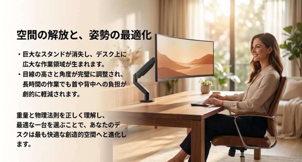 スタンド消失によるデスク領域の拡大と、目線の高さ調整による首・背中への負担軽減の効果まとめ。