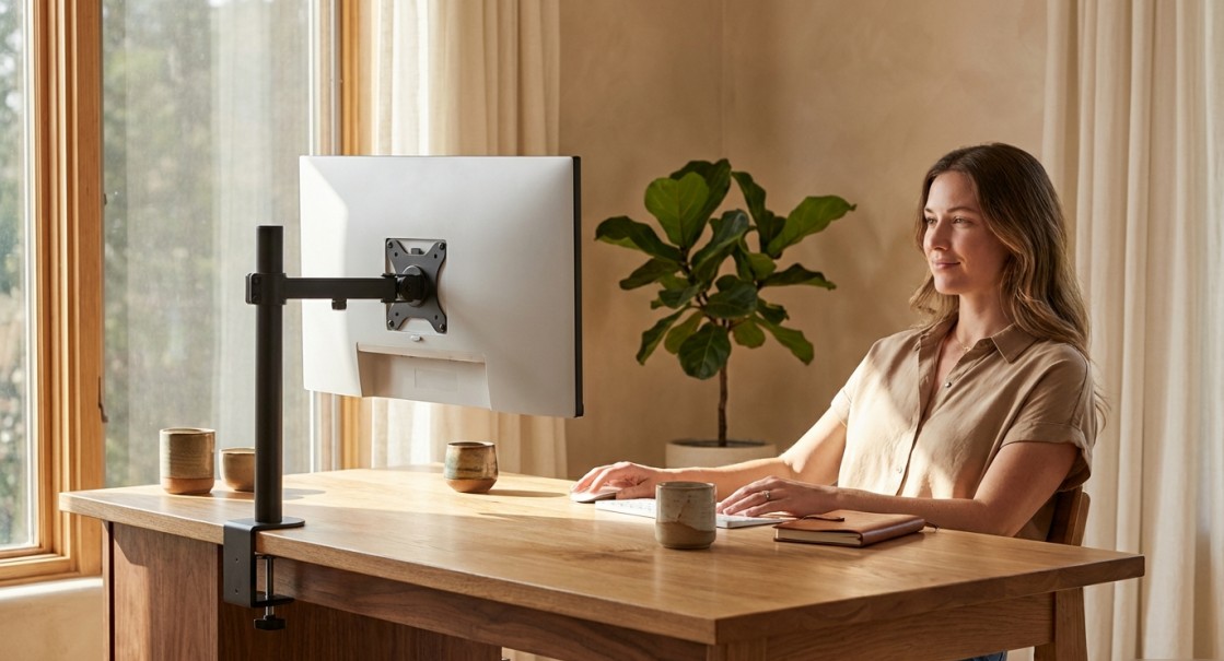 モニターアームを装着したデスクで、正しい姿勢で快適に作業する女性の姿