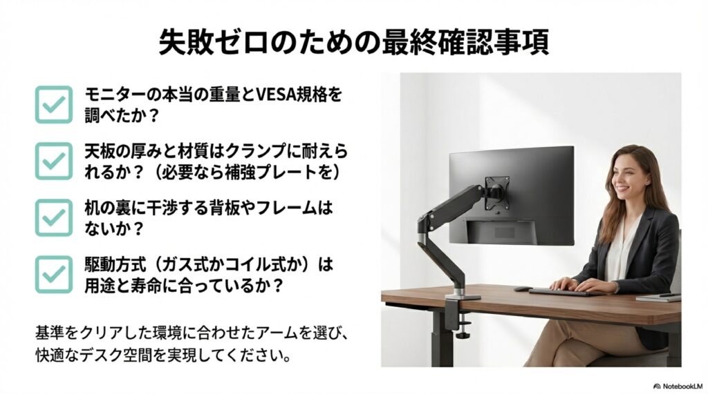 本当の重量、VESA規格、天板の厚みと材質、背板の干渉、駆動方式の5項目を網羅した導入直前の確認用画像。