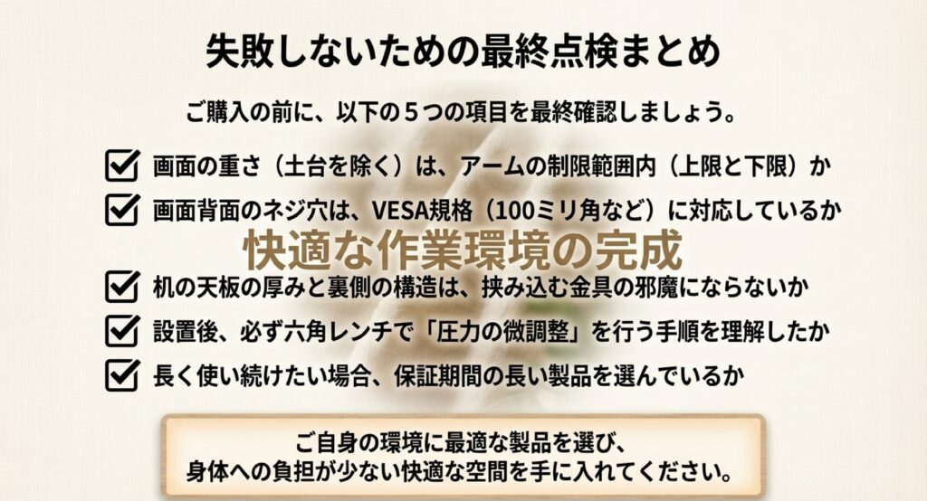 重さ、VESA規格、天板の厚み、調整手順、保証期間の5項目を確認する最終点検表。 +1