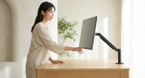 女性がガス圧式モニターアームを使って、軽い力で画面の位置を調整している様子。
