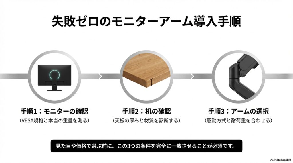 背面に円形のLEDライトを備えたモニターと、VESA・天板・耐荷重の3条件を完全一致させる重要性を説く導入図。