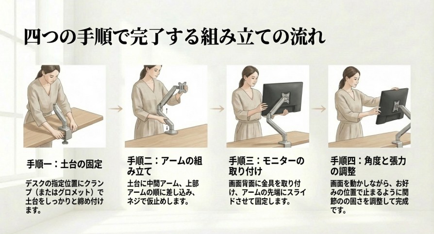 土台の固定、アーム組み立て、モニター取り付け、張力調整の4つの設置手順