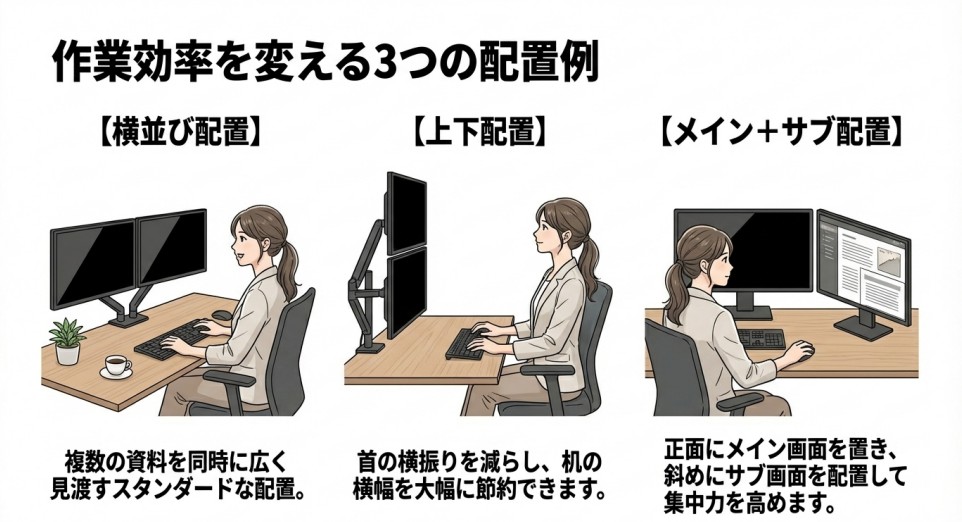 横並び、上下、メイン+サブの3種類のモニター配置パターンを示すイラスト