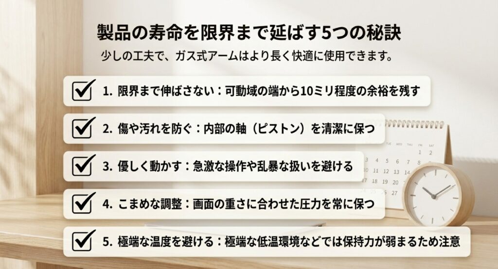 可動域の端から10mm残す、軸の清掃、急激な操作を避ける等の長寿命化テクニックのリスト。 
