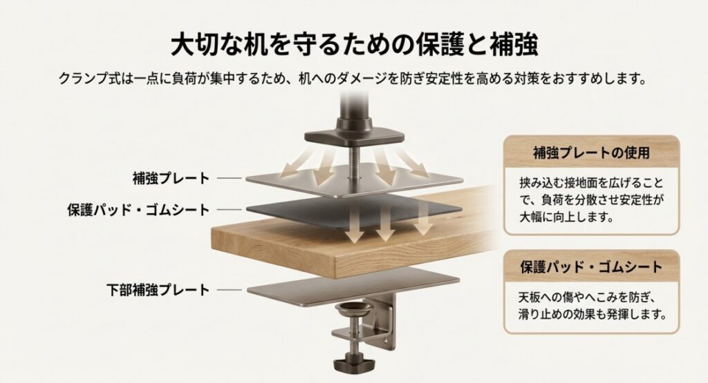 負荷を分散する補強プレートや、傷・滑りを防ぐ保護パッド・ゴムシートの活用
