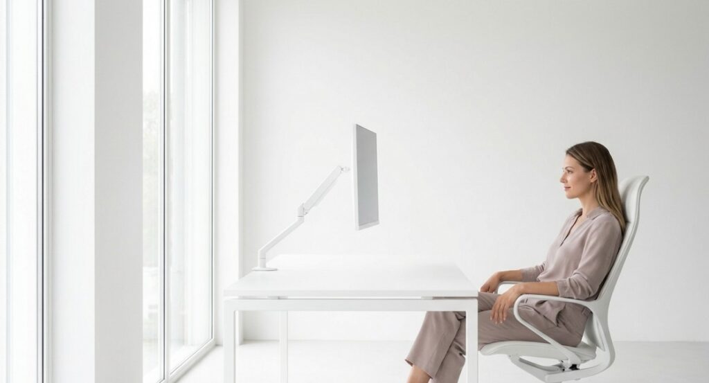 清潔感のあるデスクでモニターアームを使用し、正しい姿勢で作業する女性の姿