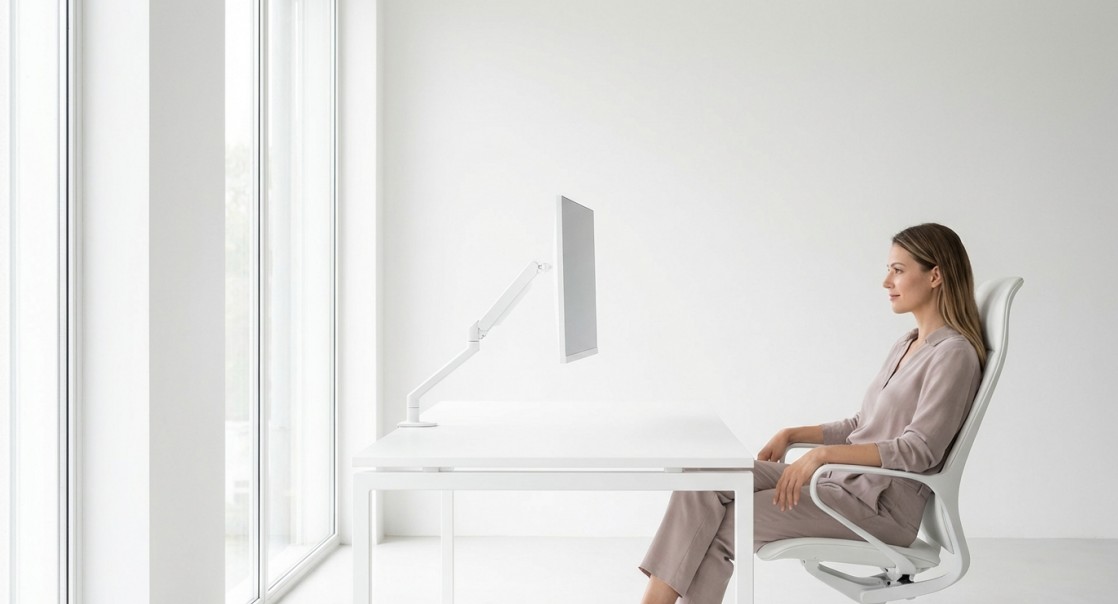 清潔感のあるデスクでモニターアームを使用し、正しい姿勢で作業する女性の姿