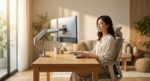 モニターアームを使用して2枚の画面を浮かせ、すっきりとした木目調のデスクで作業する女性