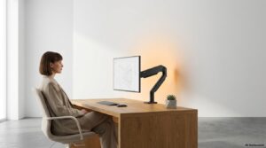 ベージュの椅子に座り、モニターアームで浮かせた画面を適切な姿勢で見つめる女性。背景は清潔感のあるホワイトとウッドデスク。