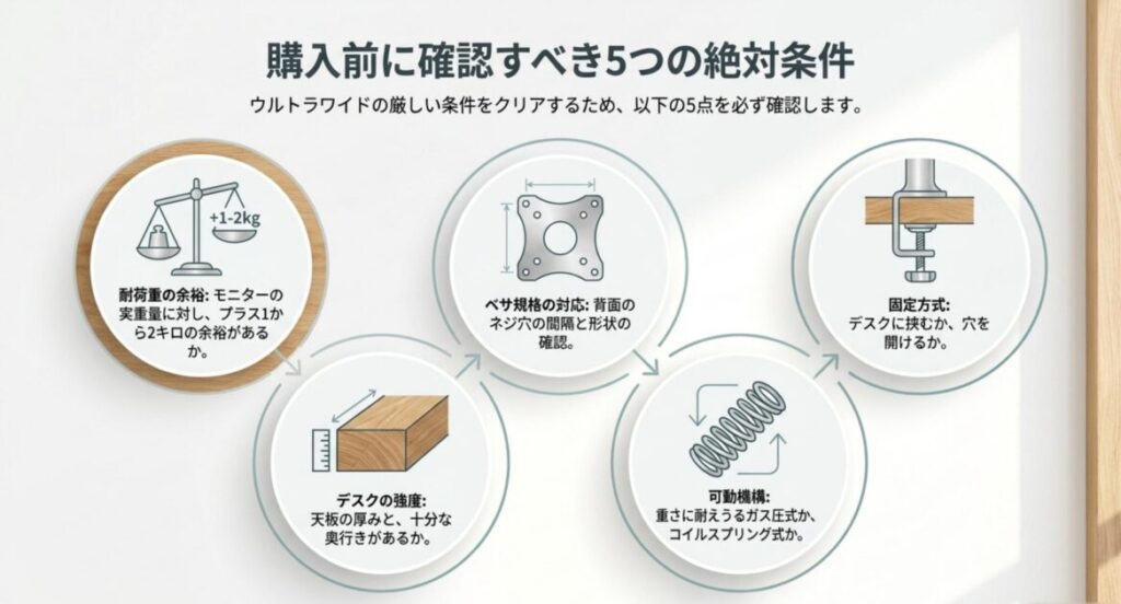 耐荷重・デスク強度・VESA規格・可動機構・固定方式という5つの確認ポイントを示す図