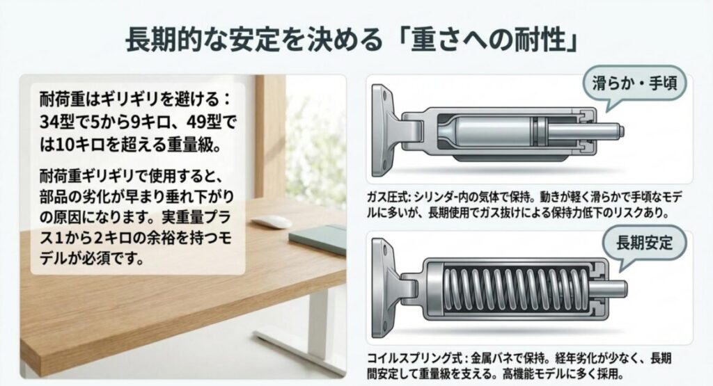 耐荷重の余裕の考え方と、ガス圧式・コイルスプリング式の機構の違いを示すスライド
