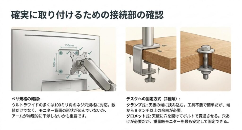 VESA規格の確認方法と、クランプ式・グロメット式の固定方式の違いを示すスライド