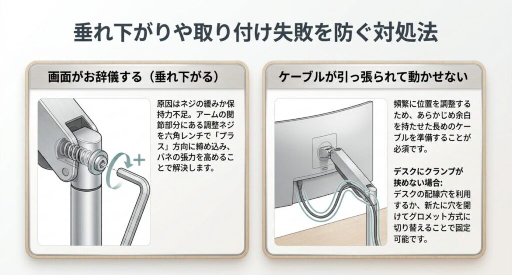 画面のお辞儀やケーブルが引っ張られる問題への対処法を示すスライド