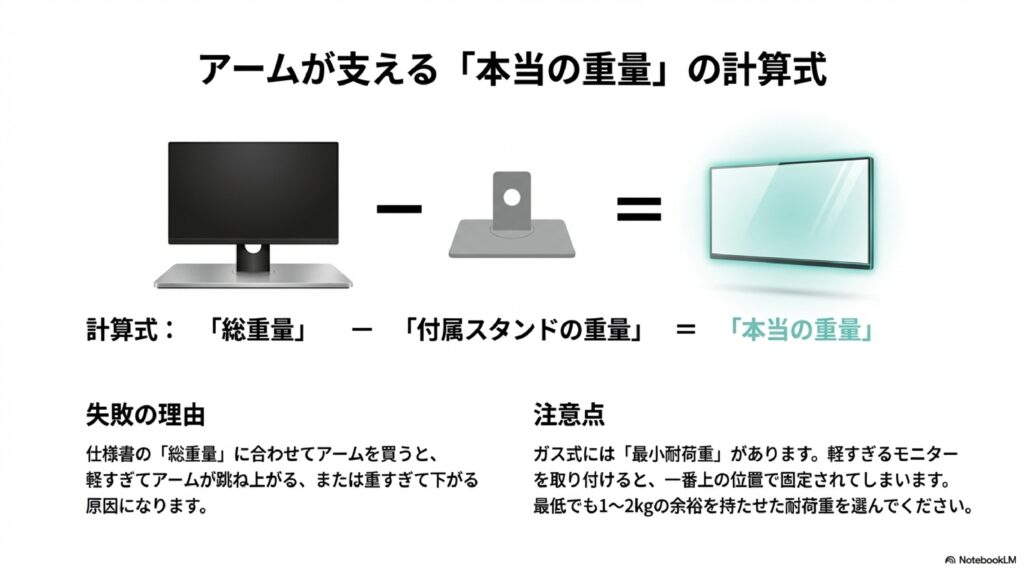 総重量から付属スタンド重量を引いて「本当の重量」を算出する計算図解。ガス式の最小耐荷重1-2kgの余裕についても言及。