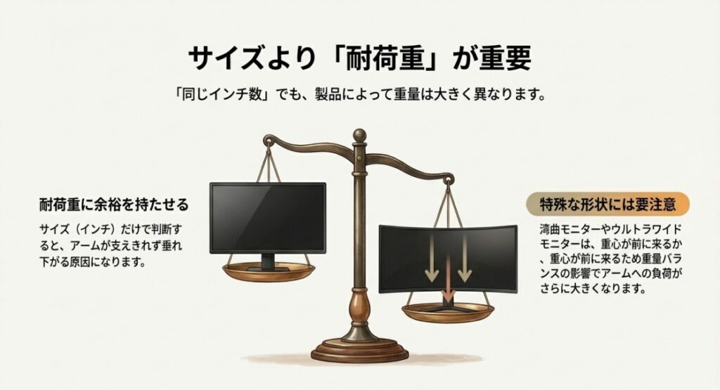 湾曲画面などは重心が前に来るため、インチ数より実際の重量（耐荷重）が重要