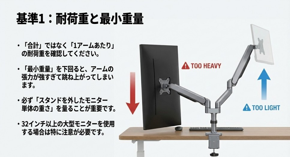 モニターが重すぎて下がる例と、軽すぎて跳ね上がる例を示すアームの比較図
