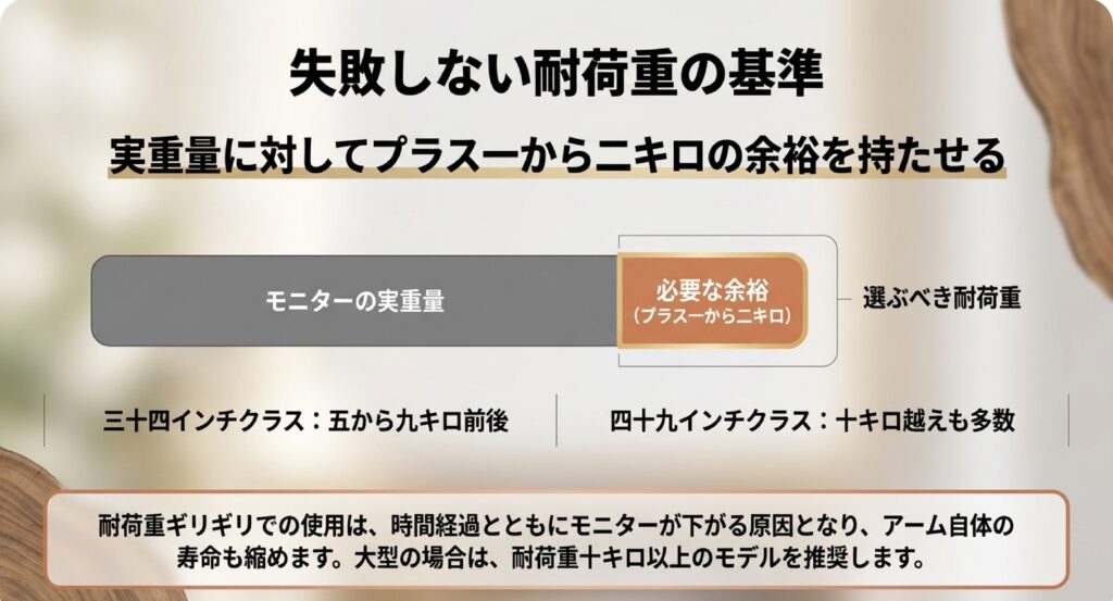 モニター実重量に1〜2kgの余裕を持たせた耐荷重の選び方。34インチは5-9kg、49インチは10kg以上を推奨する数値データ。