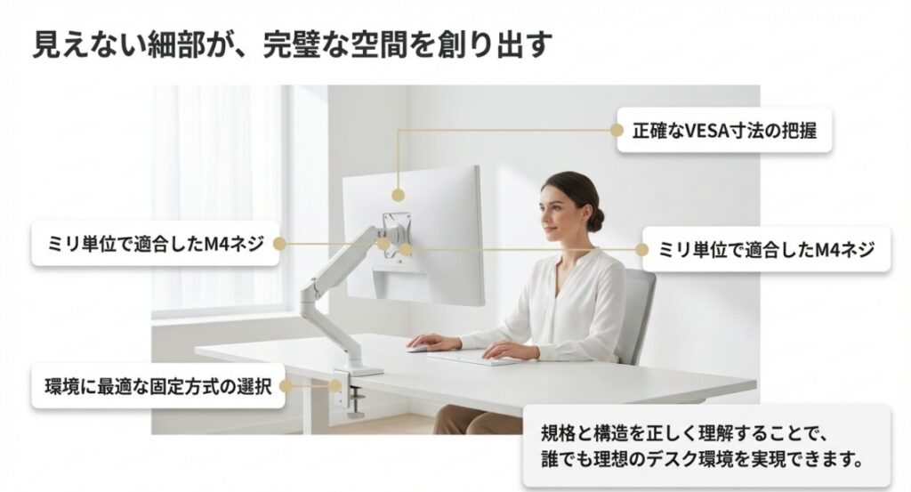 ミリ単位で適合したM4ネジや正確なVESA寸法の把握が理想の空間を創るまとめ