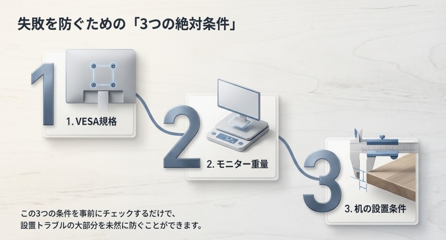 VESA規格、モニター重量、机の設置条件の3つのチェックポイントを示す図解