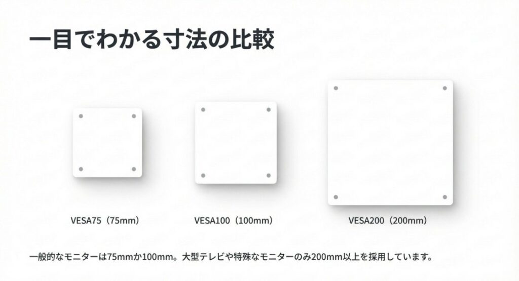 一般的なモニターの75mm/100mmと大型テレビ用の200mm以上のサイズ比較