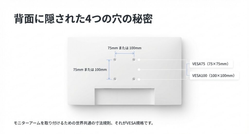モニター背面のネジ穴の間隔が75mmまたは100mmであることを示した背面図