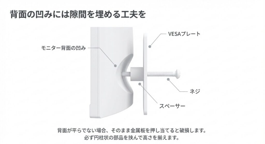 背面が平らでないモニターに対し、スペーサーを挟んで高さを揃える設置方法