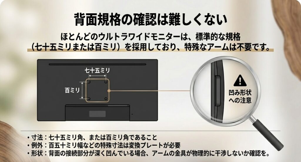 75mmおよび100mmの標準VESA規格図解。背面が深く凹んでいる場合の物理的干渉や変換プレートの必要性についての注意。