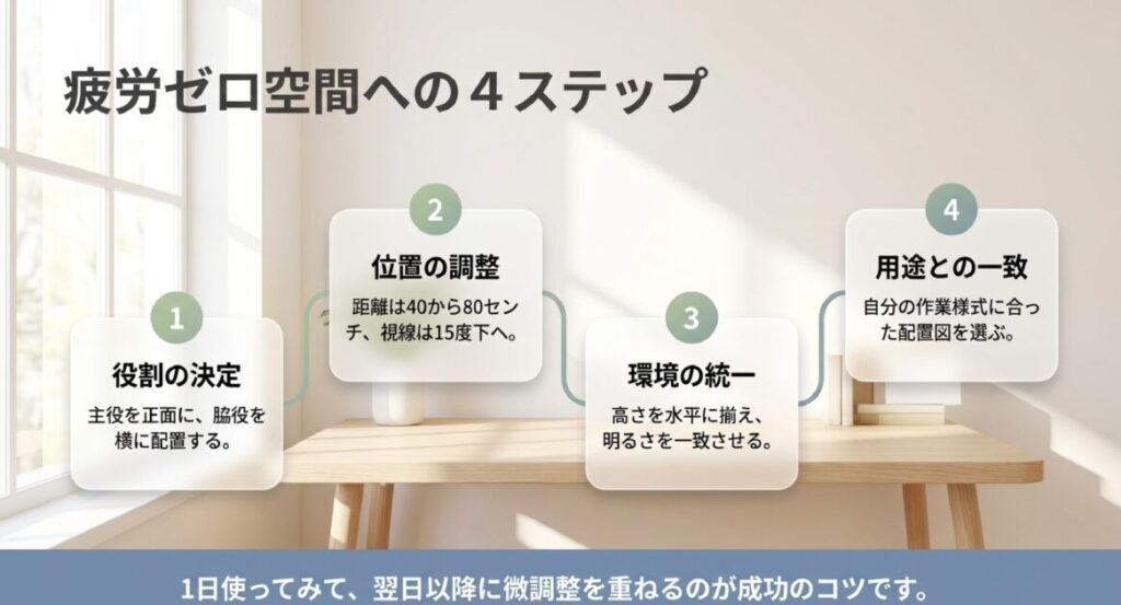 役割決定、位置調整、環境統一、用途一致の4段階でデスク環境を完成させる総括。