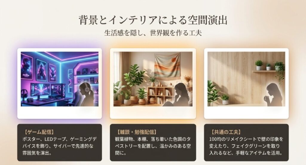 LEDテープやポスター（ゲーム用）、観葉植物や本棚（雑談用）など、100均のリメイクシートを活用した空間演出。