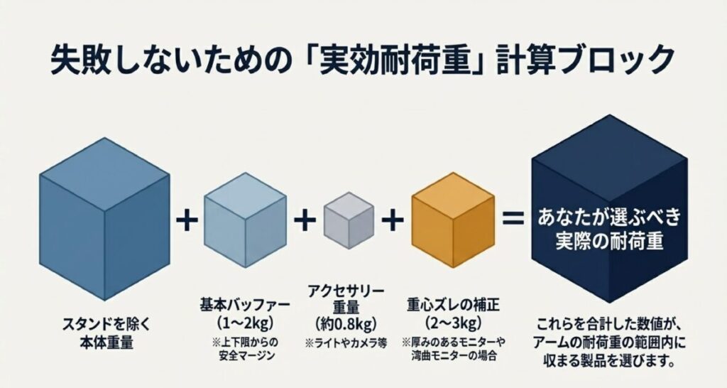 本体重量＋バッファー(1~2kg)＋アクセサリー(0.8kg)＋重心補正(2~3kg)の合計からアームを選ぶフロー。