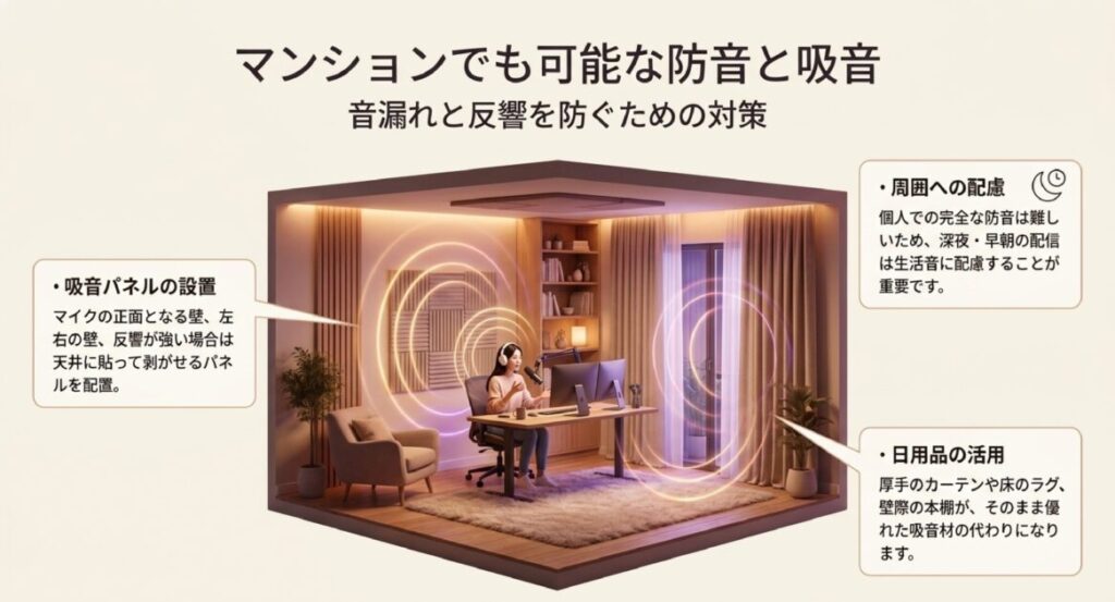 吸音パネルを正面・左右の壁に貼る方法や、厚手のカーテン、ラグ、本棚を吸音材として代用するアイデア。