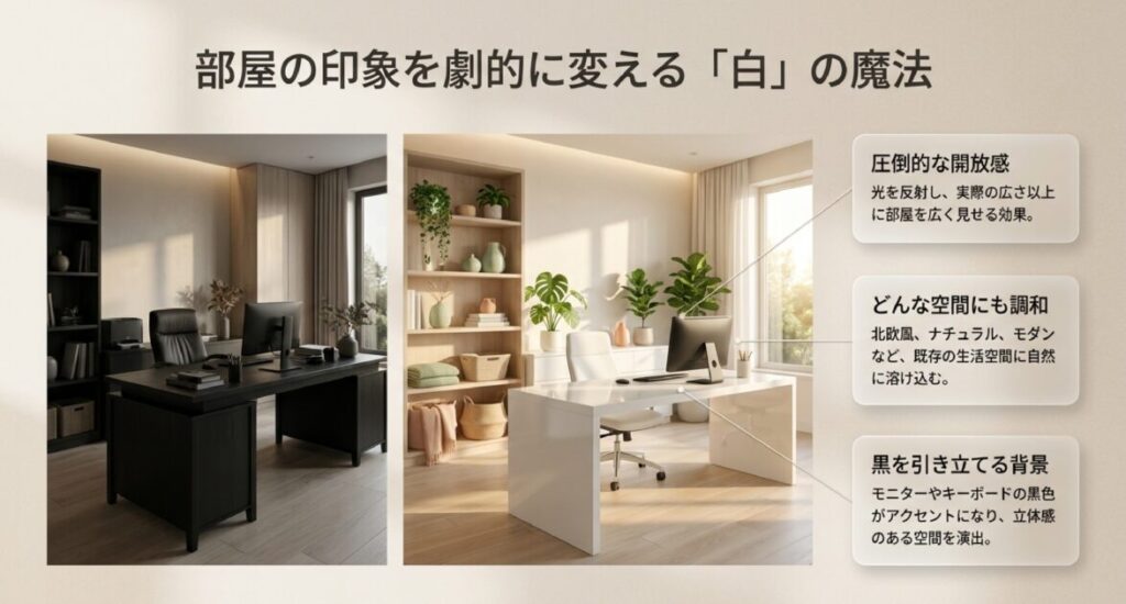 開放感による広見え効果、北欧・モダン等の空間調和、周辺機器の黒を引き立てるコントラストの図解 。