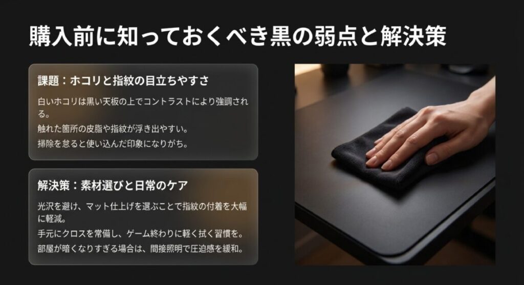黒い天板の上で目立つ白いホコリの課題 と、マット仕上げの選択やクロスでの日常ケアによる解決策の解説 。