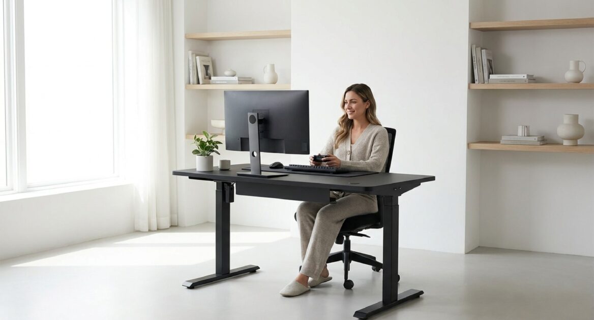 黒い電動昇降デスクに座り、モニター1台とキーボードで快適に作業する女性の様子