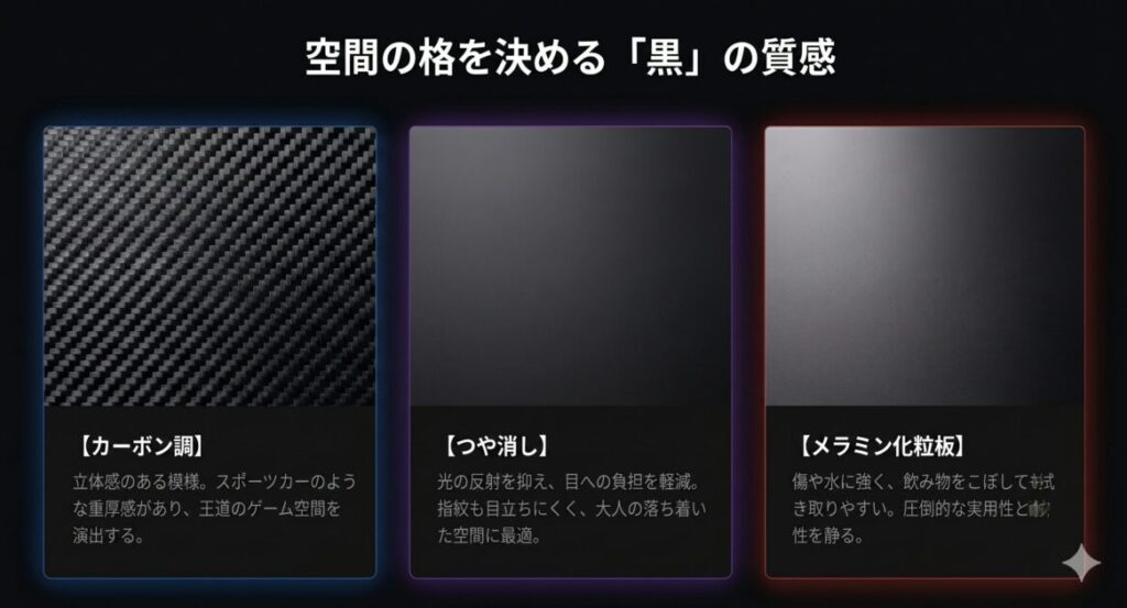 カーボン調、マット、光沢、メラミン化粧板の反射率、指紋の目立ちにくさ、メンテナンス性の比較一覧表 。