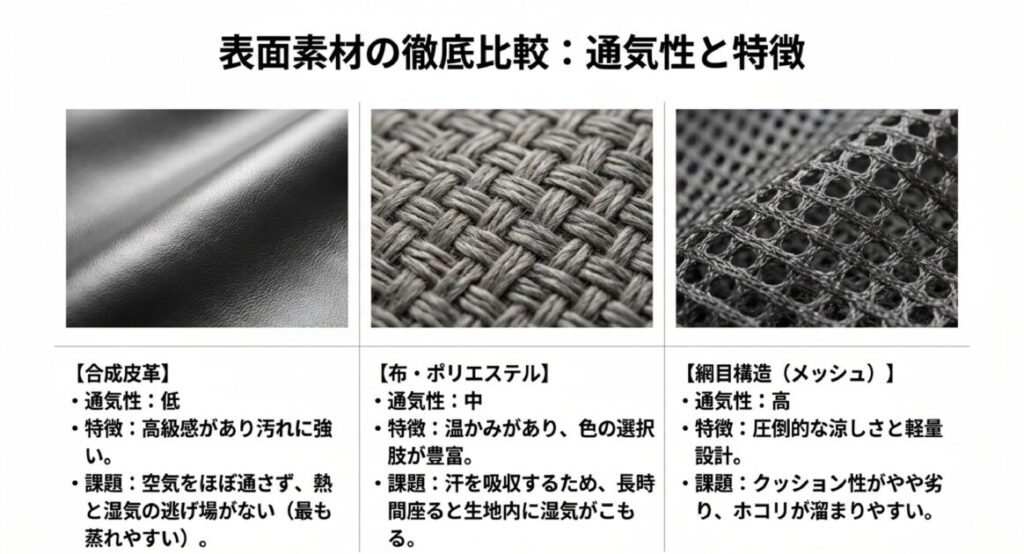 合成皮革（低）、布・ポリエステル（中）、メッシュ（高）の3種類の素材クローズアップ画像と、メリット・デメリットの比較表。