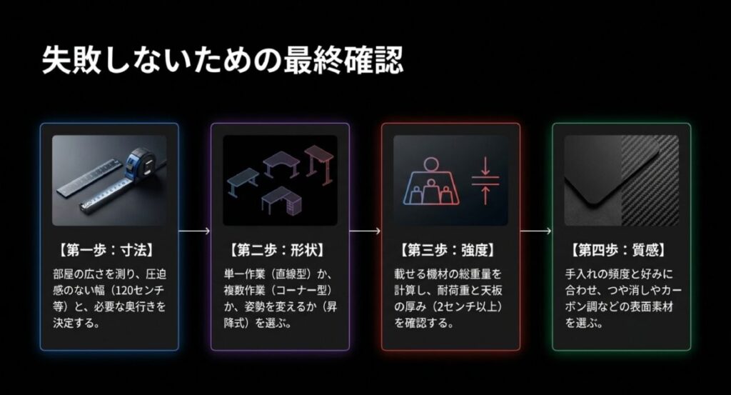 寸法 、形状 、強度（厚み2cm以上） 、質感選びの順序立てたチェックリスト 。