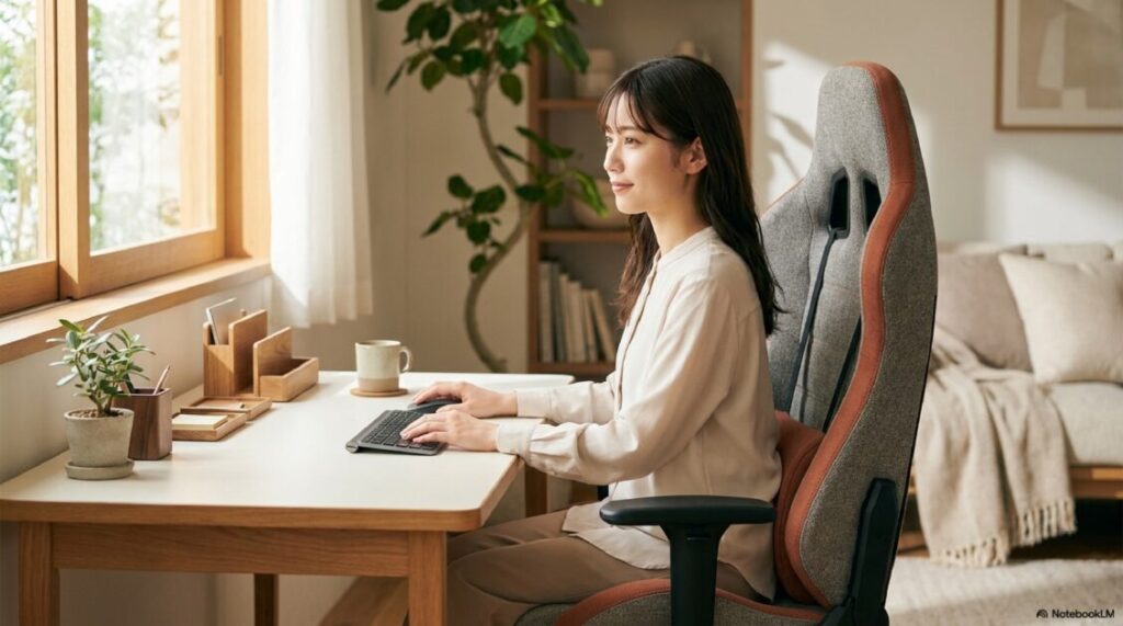 自宅の木製デスクでファブリック素材のゲーミングチェアに座り、快適にPC作業をする女性の様子 。